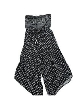 Black & White Strapless Jumpsuit With Drawstring Waist & Boho Print L